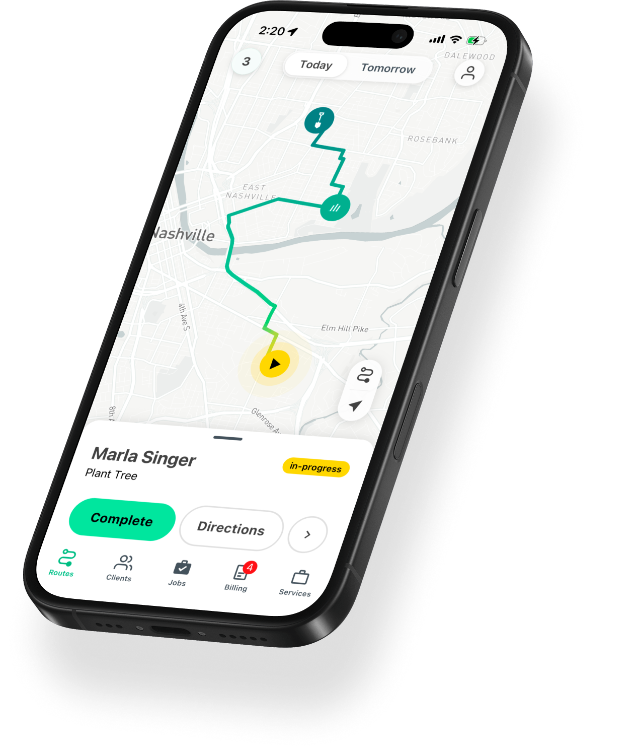 Rhinoline Lawn showing today's route on a phone